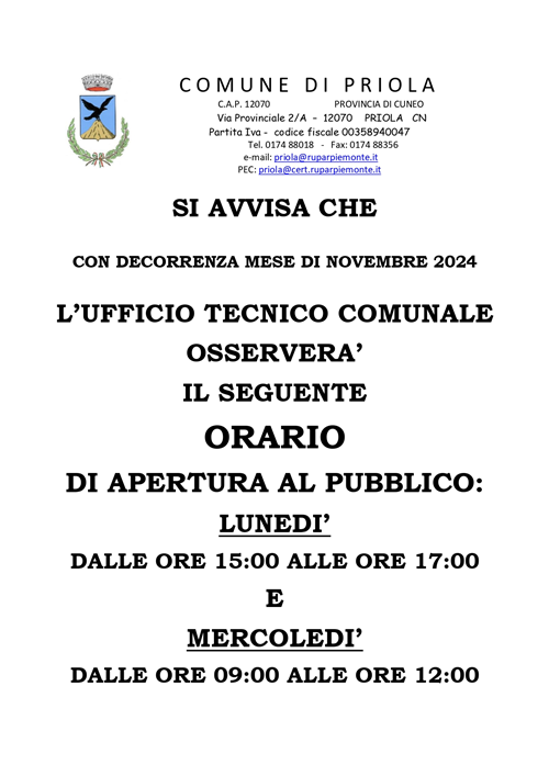 Orari al pubblico Ufficio Tecnico Comunale